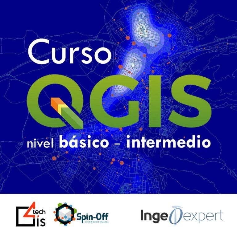 Cartel promocional del curso QGIS de formación nivel básico-intermedio ofrecido por ingeoexpert y GIS4tech