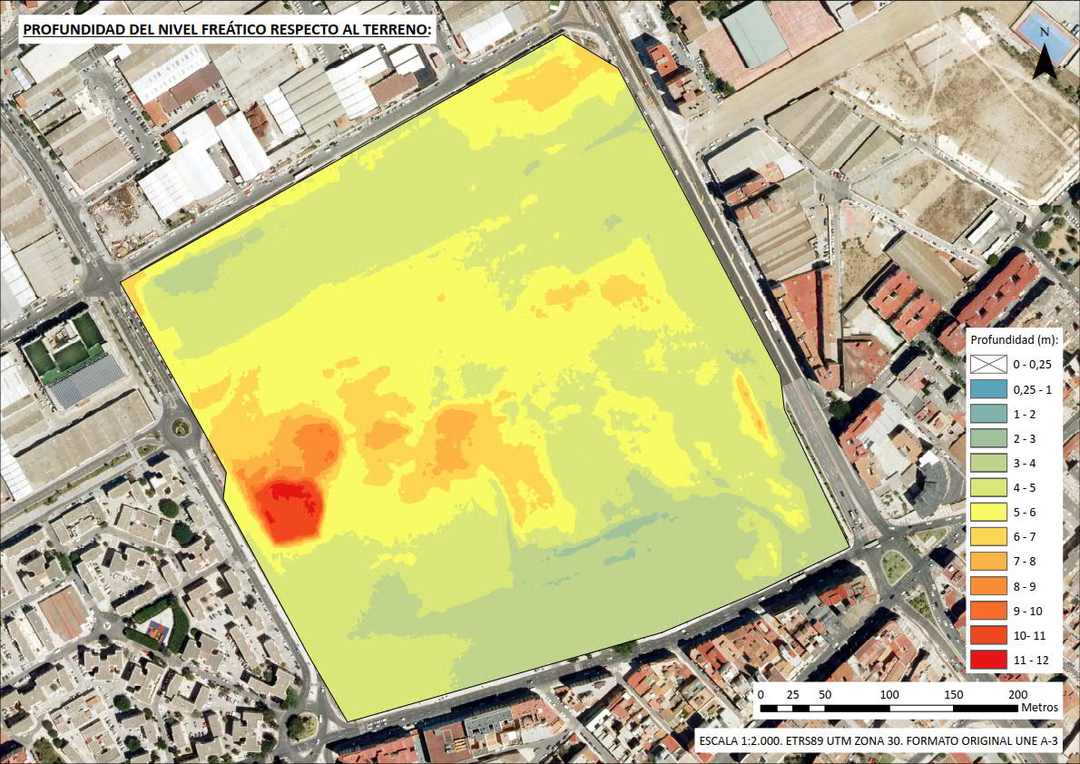 Cartografía de profundidad del nivel freático respecto al terreno para el estudio de detalle del terreno para posteriores actuaciones de Repsol en Málaga