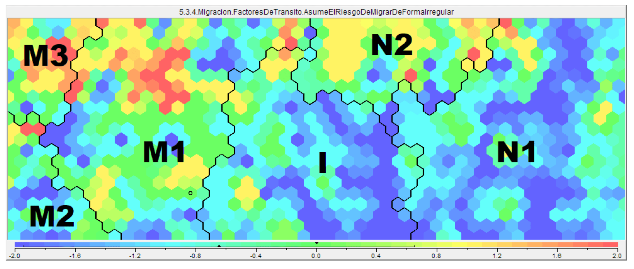 Mapas Autoorganizados SOM correspondiente a la variable que ha obtenido la mayor importancia en el modelo Random Forest sobre predicción de la intencionalidad migratoria con Inteligencia Artificial