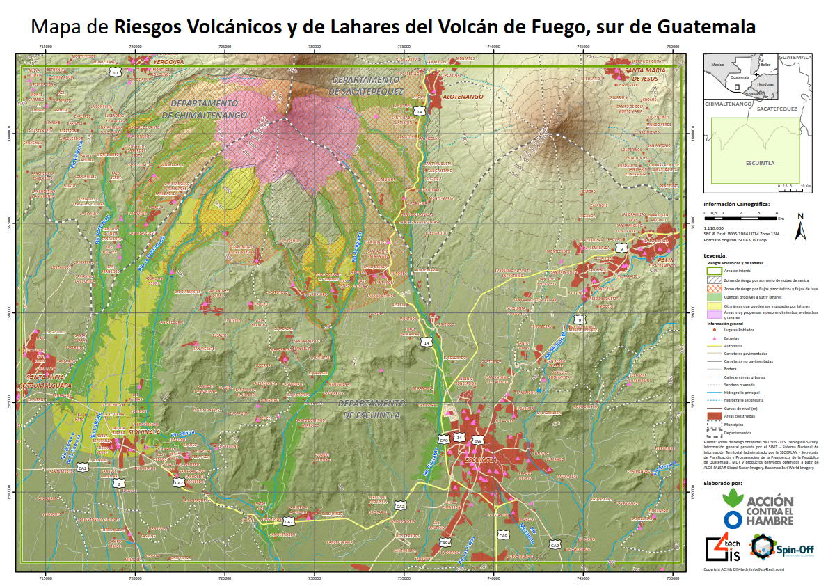 Cartografía de riesgos volcanicos y Lahares del Volcán de Fuego en Guatemala realizado tras su erupción para Acción Contra El Hambre