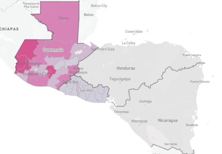Mapa interactivo en un dashboard de PowerBI de Centroamérica que refleja las personas retornadas por departamento tras haber migrado con datos de Acción Contra El Hambre