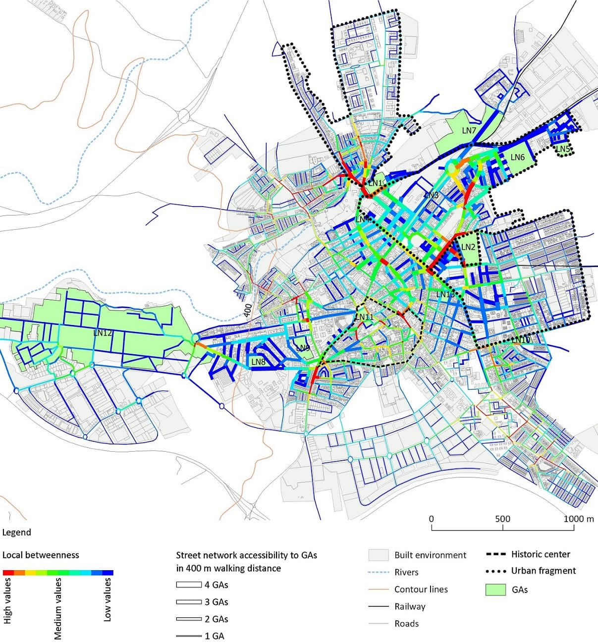 Cartografía de la red viaria de Linares en la que se hace un análisis configuracional para estudiar la cantidad de espacios abiertos que hay en la ciudad
