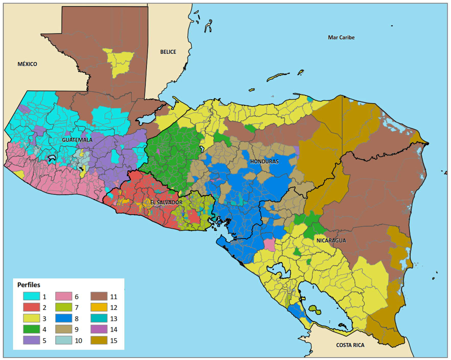 Mapa de Centroamérica que refleja las zonas de preocupación por perfiles en el que cada perfil presenta unas características sociodemográficas diferentes que lo hacen diferente a los demás