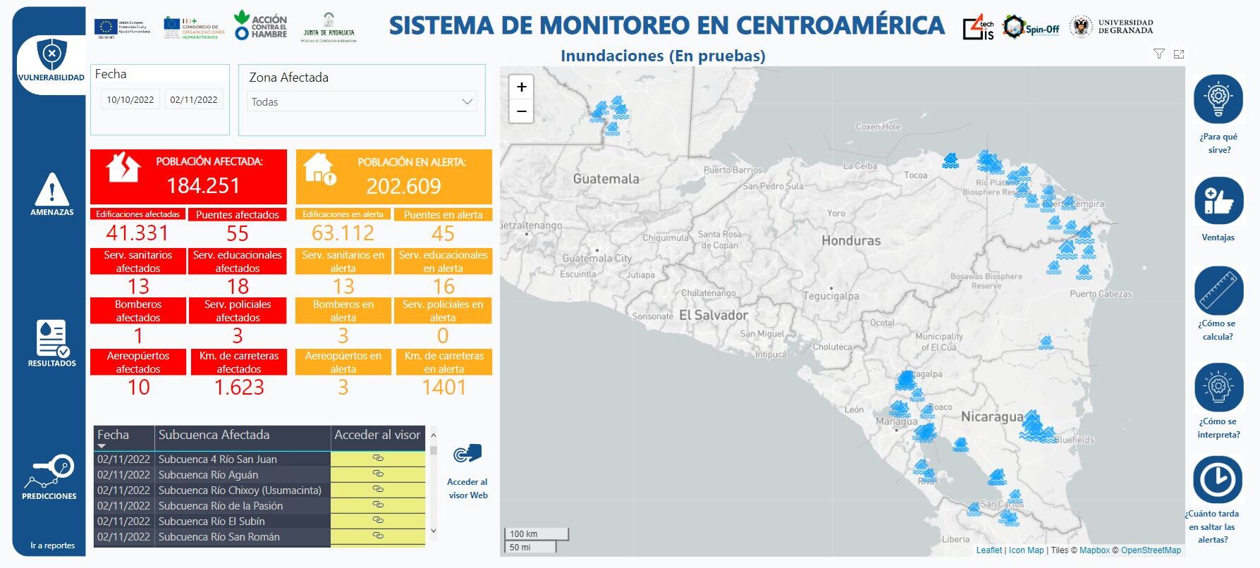 Captura de pantalla de la plataforma Power BI en la que aparece la aplicación INUNDia para detectar y monitorear inundaciones